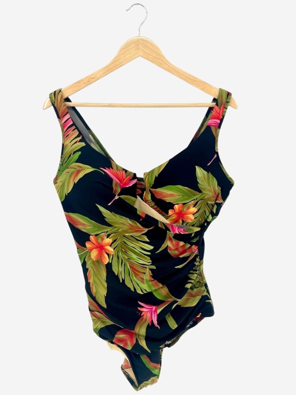 vintage 90s plus size miraclesuit black tropical floral ruched one piece bathing
